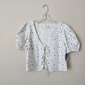Abound White Cotton Floral Tie-Front Puff Sleeve Top